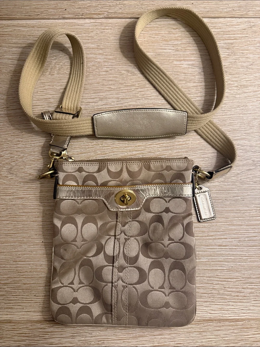 Coach Tan Signature Crossbody Bag with Gold Hardware